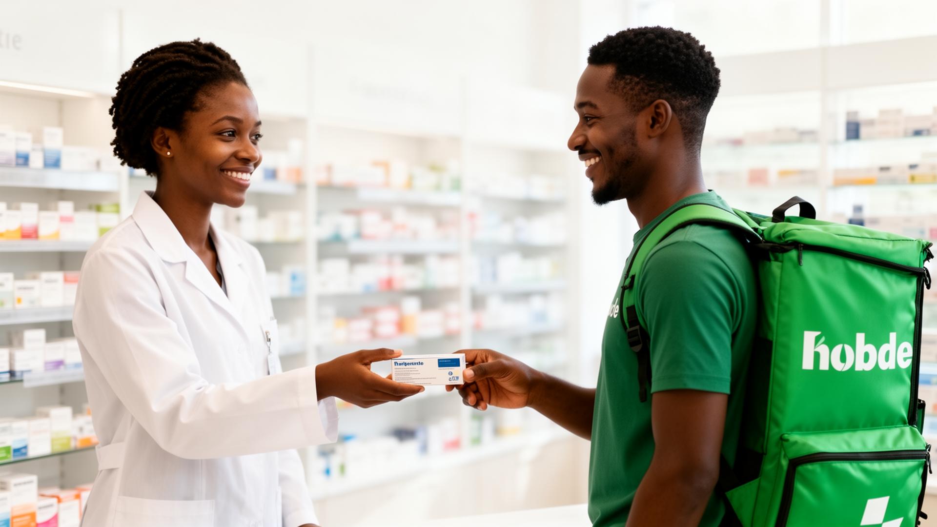 Pharmacist handing medicine to a delivery rider